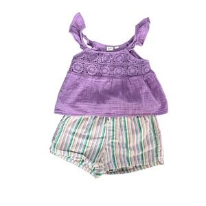 Gap Kids Girls Purple Gauze Ruffle Crochet Top and Striped Shorts Set Size 8-10